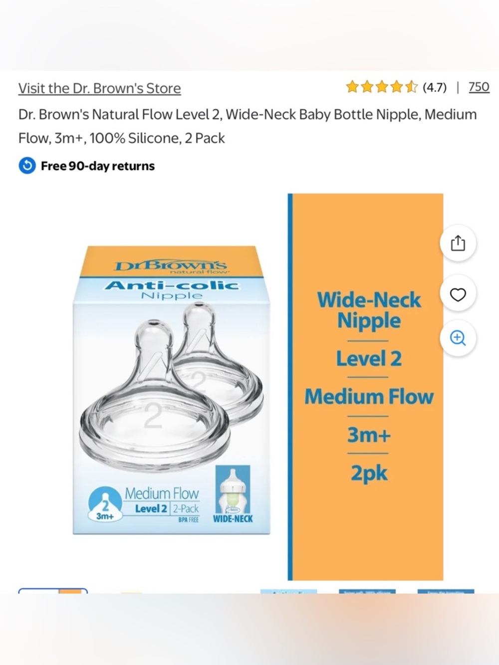Dr. Brown's Anti-Colic Wide-Neck Nipple Level 2 - Medium Flow (2 Pack)